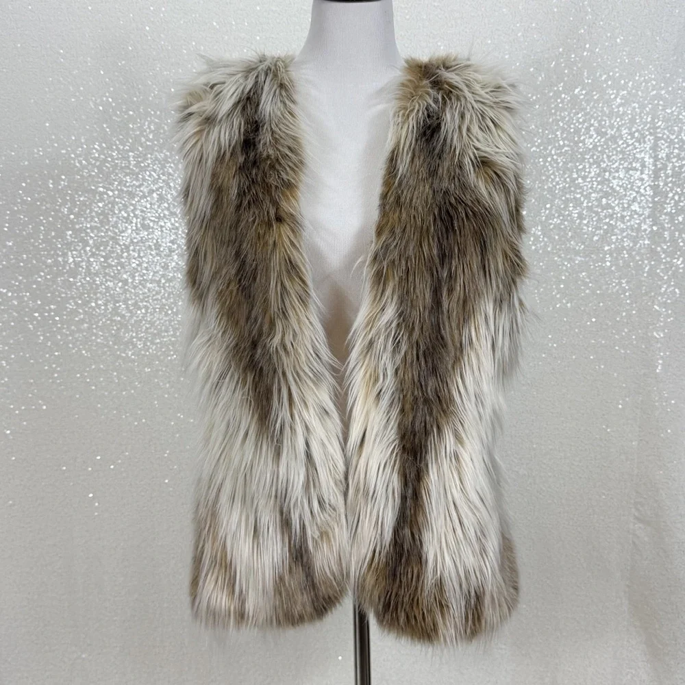 Fabulous Furs Faux Fur Vest L Long Shaggy Wolf Brown Gray Sleeveless Open Front - Picture 8 of 9